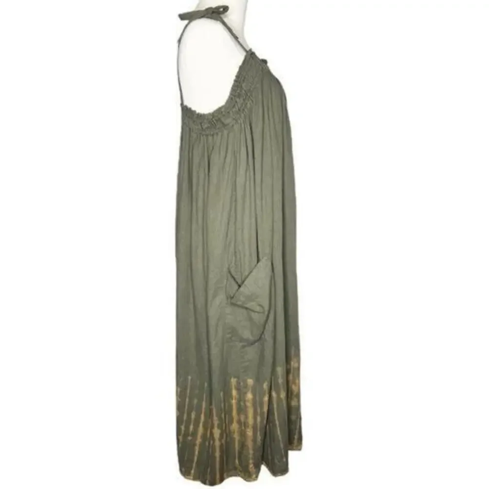 FREE PEOPLE Tie‎ Shoulder Oversized Boho Dress Olive Tie Dye Size Small